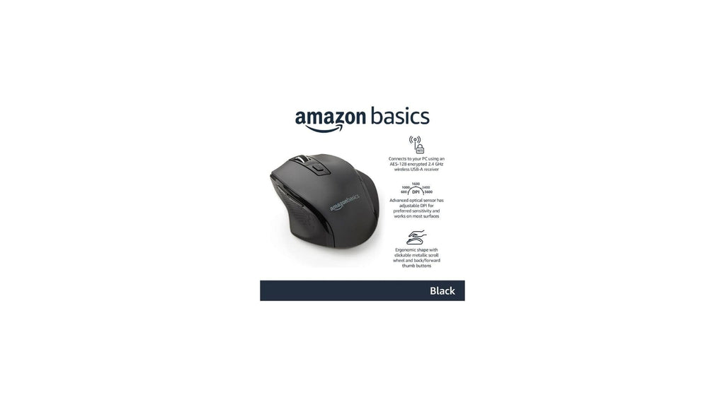 Amazon Amazon Basics Ergonomic Wireless Mouse with Adjustable DPI 600-3600, 2.4 GHz USB Receiver for Home Office Laptop/Desktop - Black