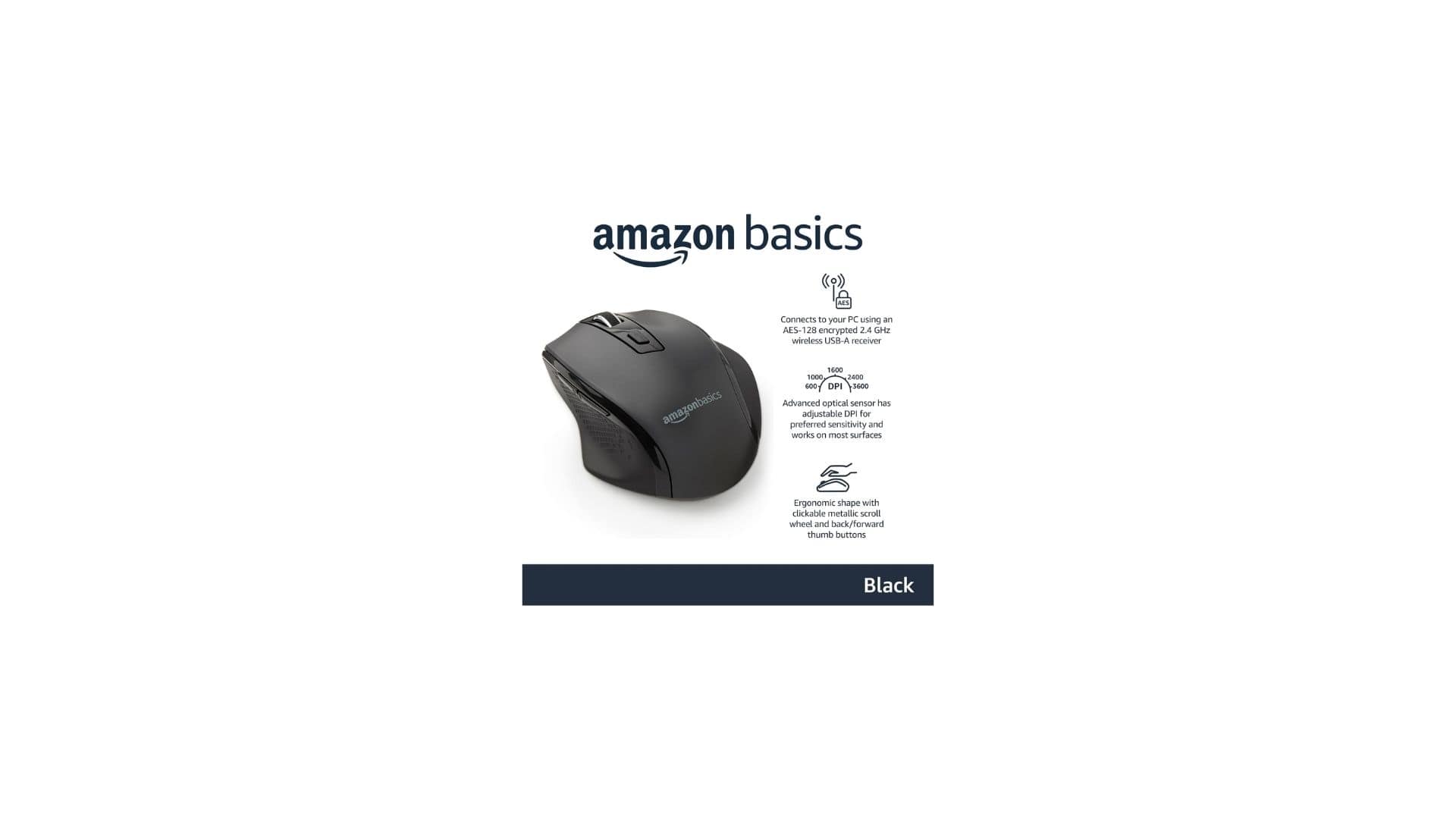 Amazon Amazon Basics Ergonomic Wireless Mouse with Adjustable DPI 600-3600, 2.4 GHz USB Receiver for Home Office Laptop/Desktop - Black