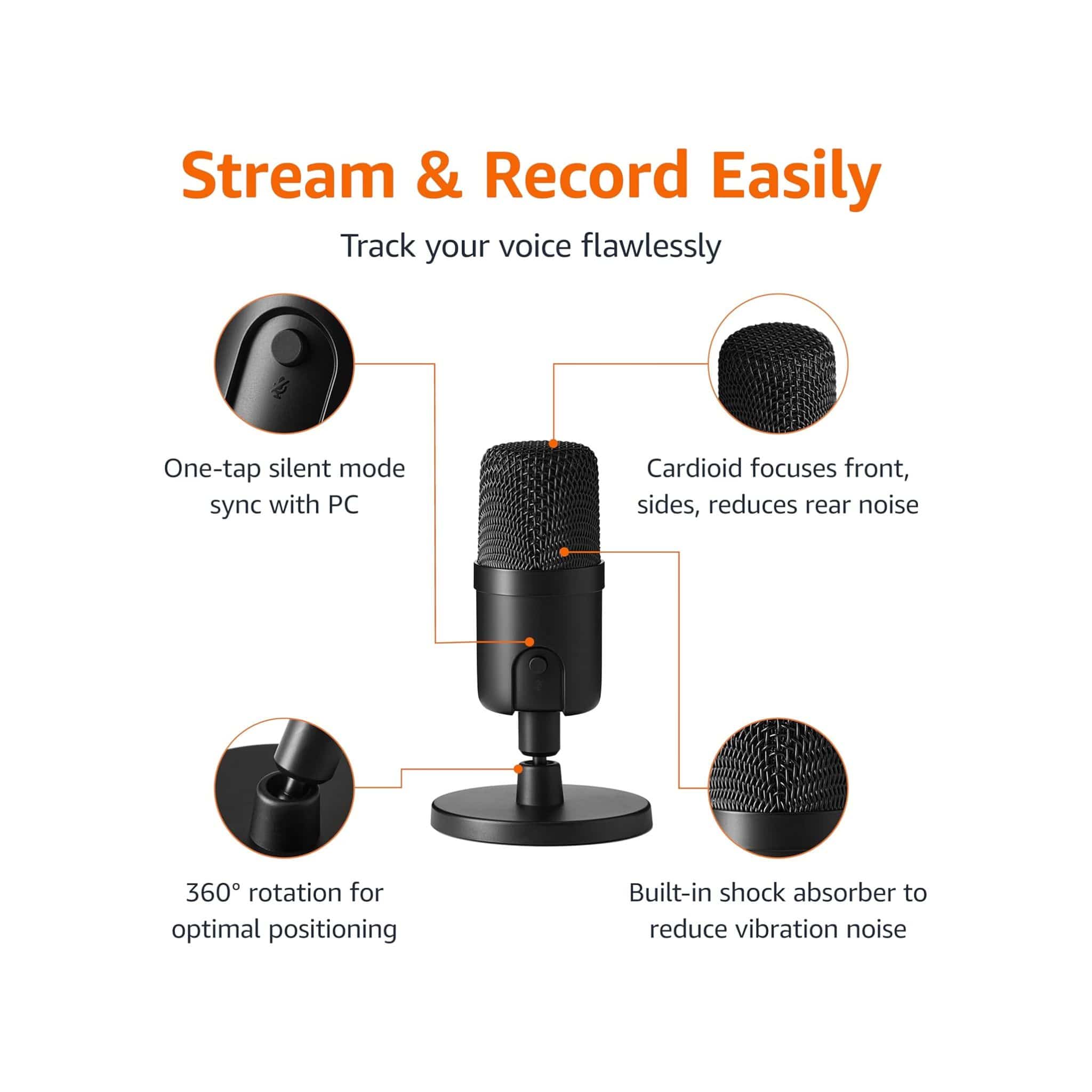 Amazon Basics Mini USB Condenser Podcast Microphone, Cardioid Pickup, 14mm Diaphragm, 360° Adjustable Stand, One-Tap Mute, Plug and Play, for Streaming and Gaming, Black Secondary image
