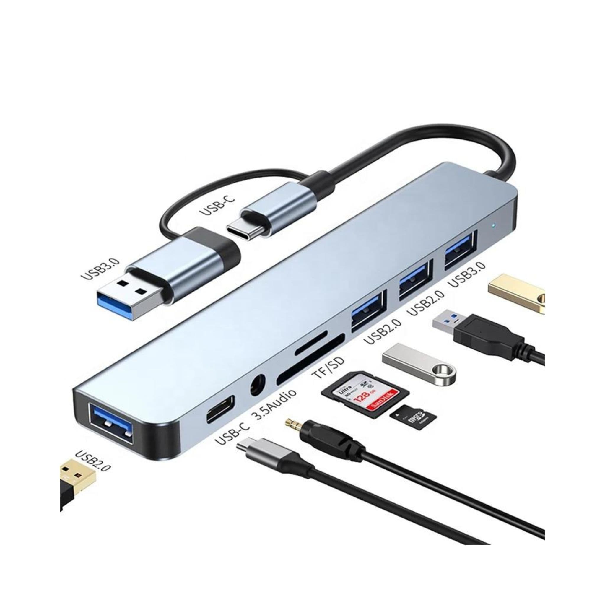 Generic Generic 8-in-1 USB 3.0 Type-C Hub: 8 ports include USB 2.0, 3.5mm audio jack, SD/TF card readers 8-In-1 Converter Adapter Hub Docking Station