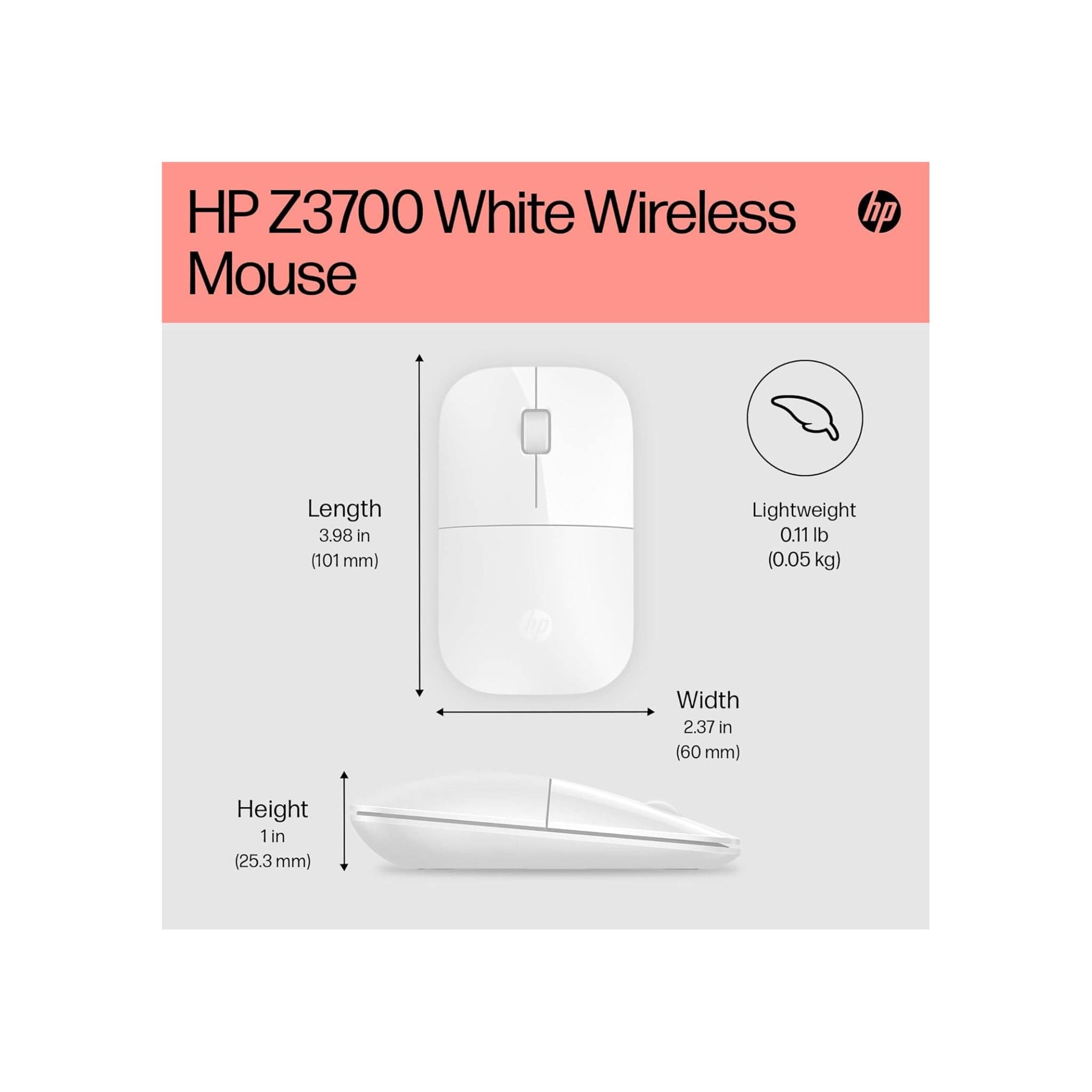HP Components HP Z3700 White Wireless Mouse - Up to 16 Months Battery Life