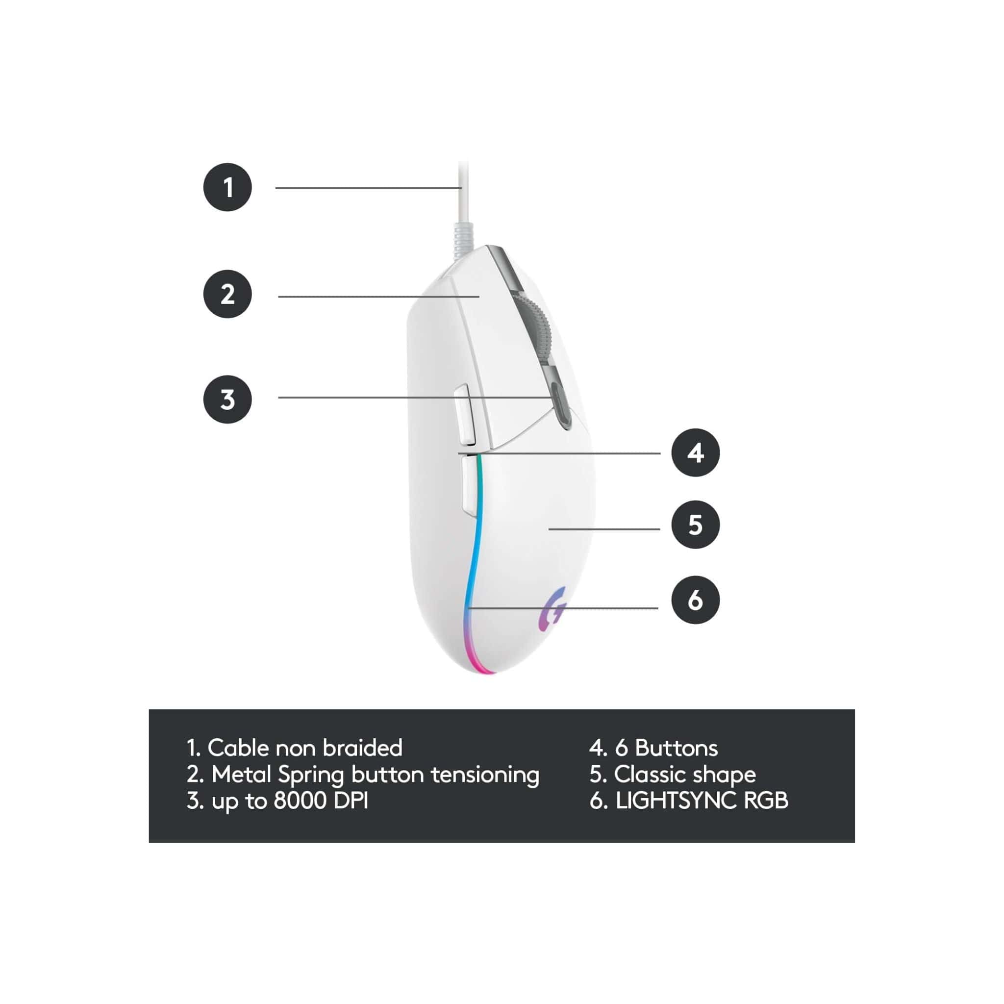 Logitech Components Logitech G203 LIGHTSYNC RGB 6 Button Gaming Mouse - White
