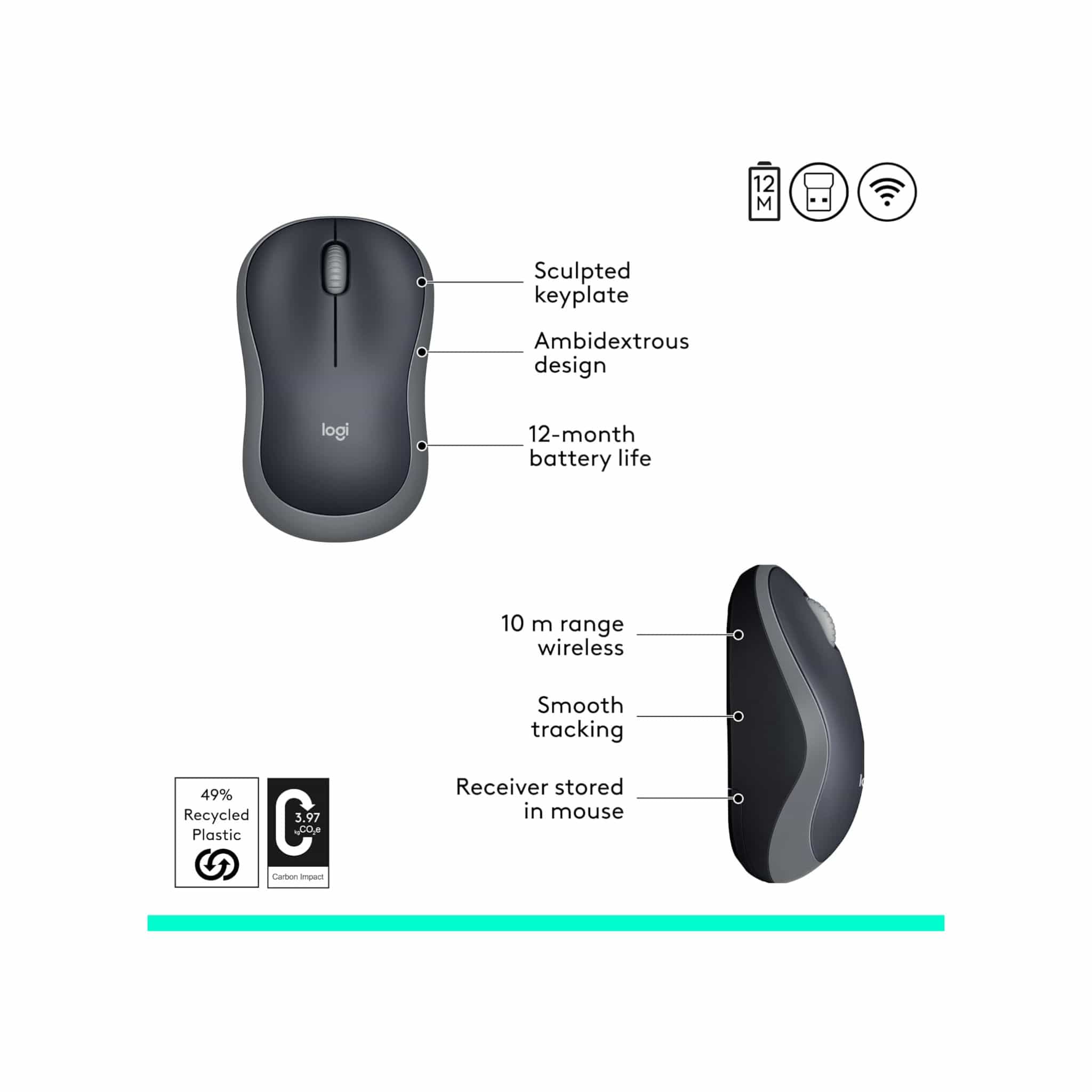 Logitech Logitech M185 Wireless Mouse with 2.4GHz connectivity and a 12-month battery life - Grey