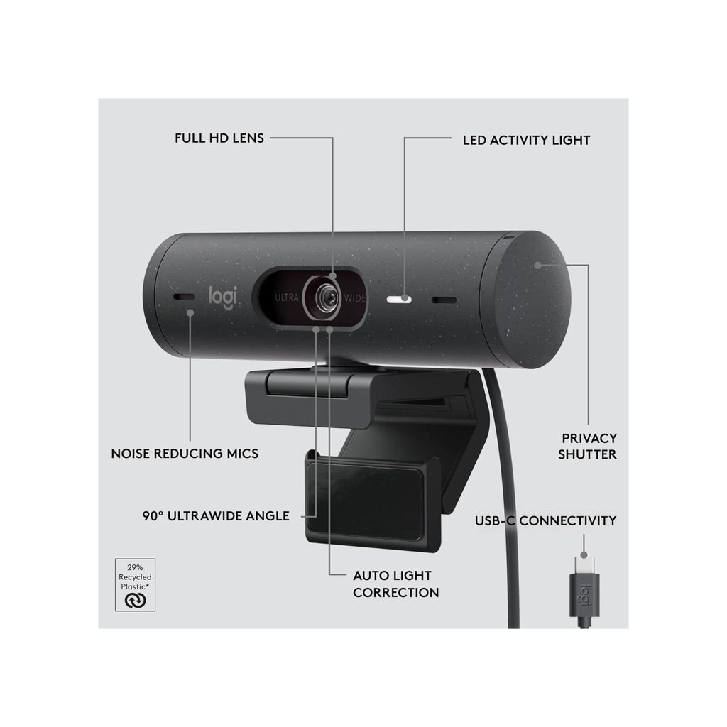 Logitech Webcam Logitech Brio 500 Full HD Webcam, Auto Framing, Show Mode, Noise-Reducing Mics, Privacy Shutter, USB-C, Streaming & Video Calling - Microsoft Teams, Google Meet, Zoom, PC/Mac - Graphite