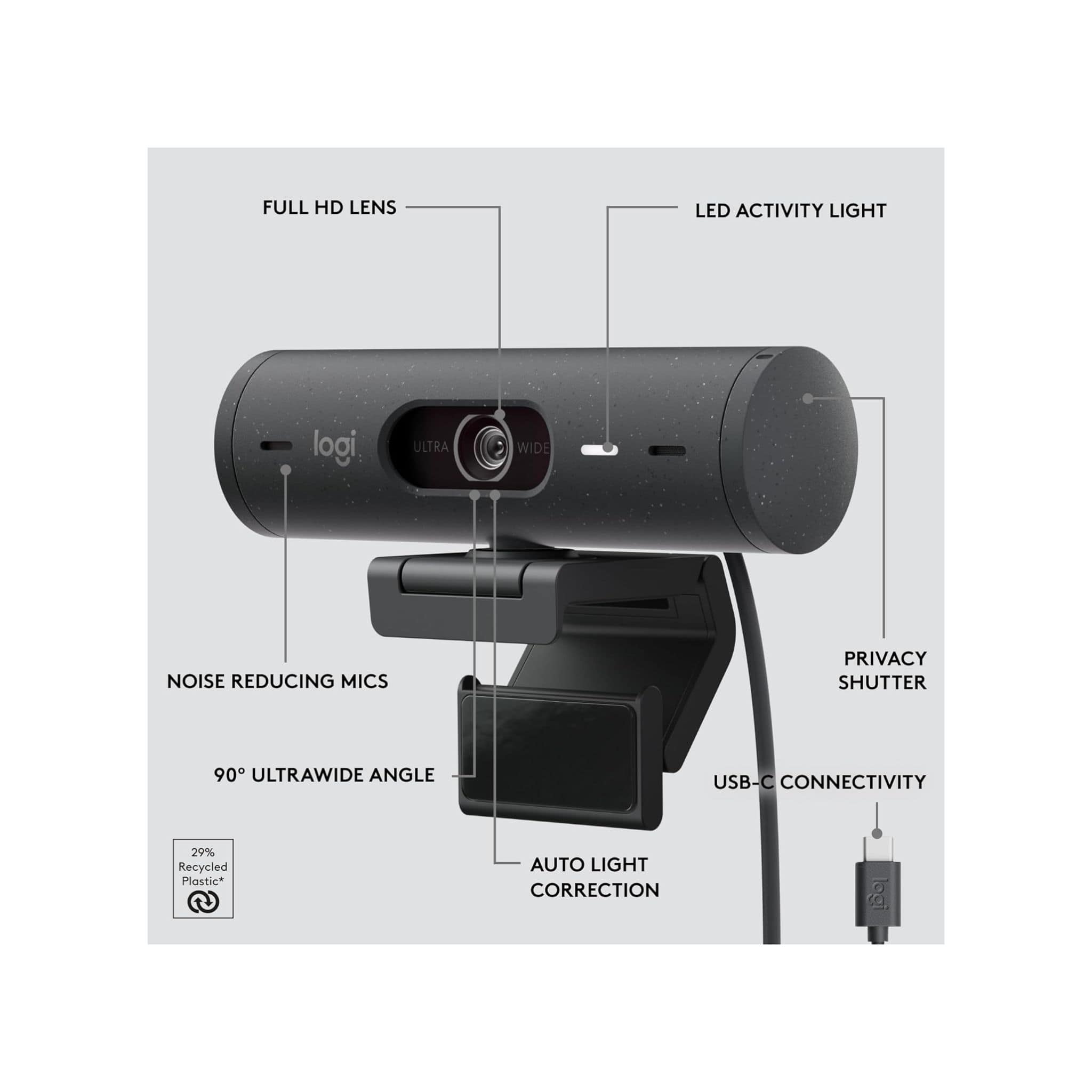 Logitech Webcam Logitech Brio 500 Full HD Webcam, Auto Framing, Show Mode, Noise-Reducing Mics, Privacy Shutter, USB-C, Streaming & Video Calling - Microsoft Teams, Google Meet, Zoom, PC/Mac - Graphite