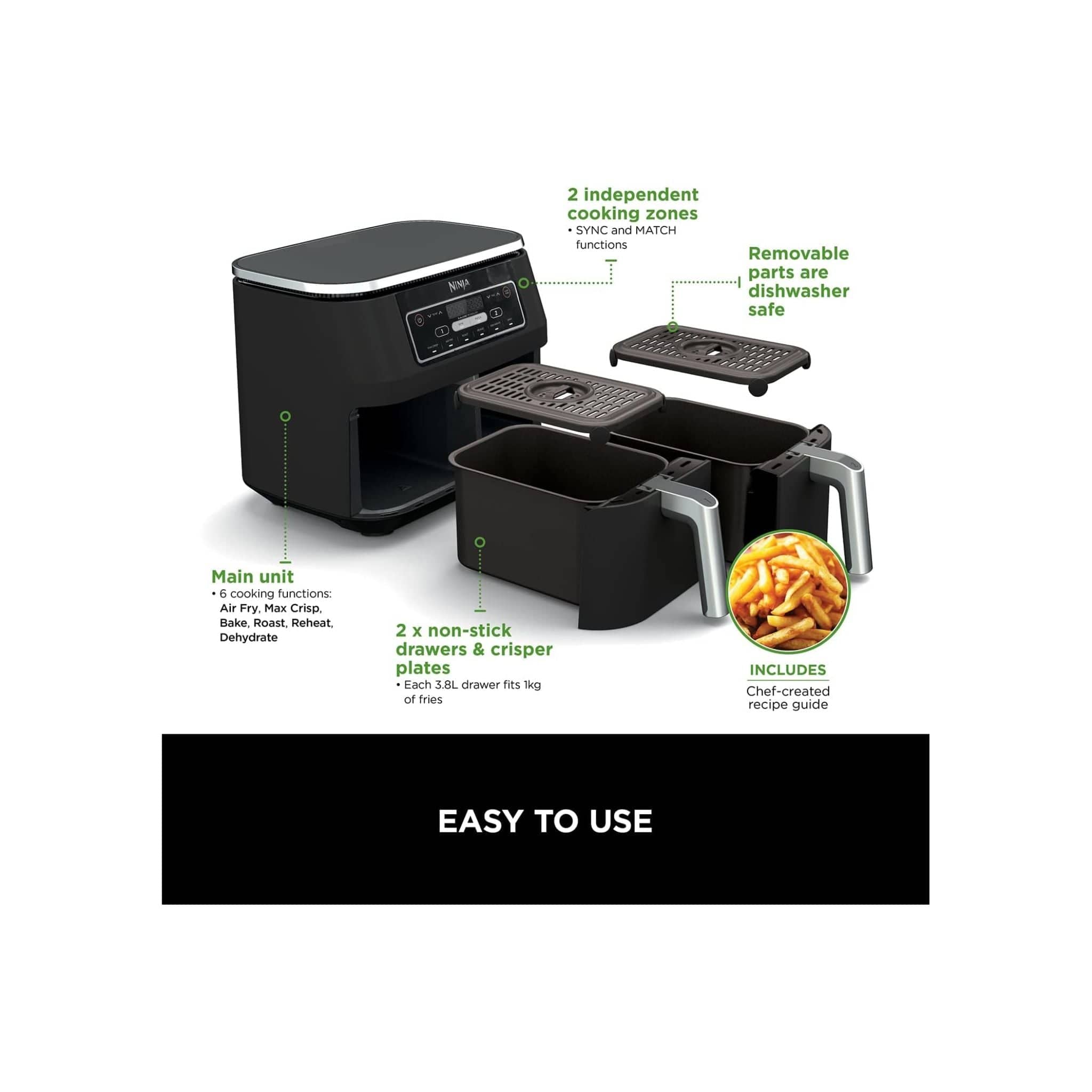 Ninja Kitchen Ninja AF300UK 7.6L Foodi Dual Zone Air Fryer and Dehydrator - Black