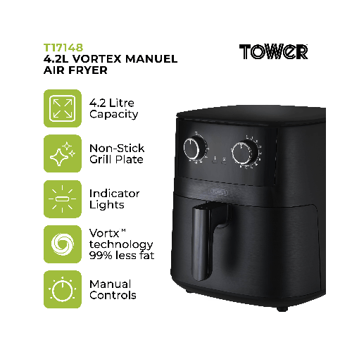 Tower Kitchen TOWER Vortx 4.2L  Manual Single Basket Air Fryer - Black